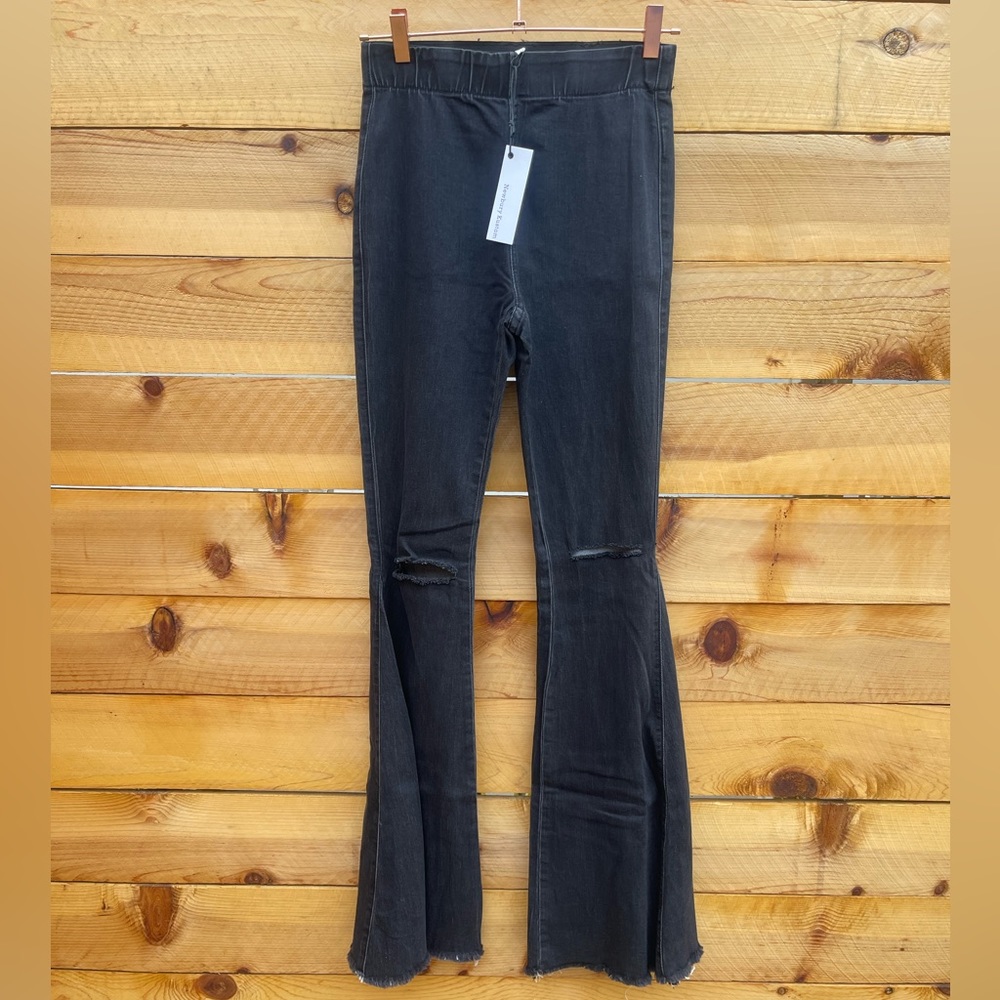 Newbury Kustom Retro Jeans Womens Charcoal Black Wash Pull On Flared Elastic‎